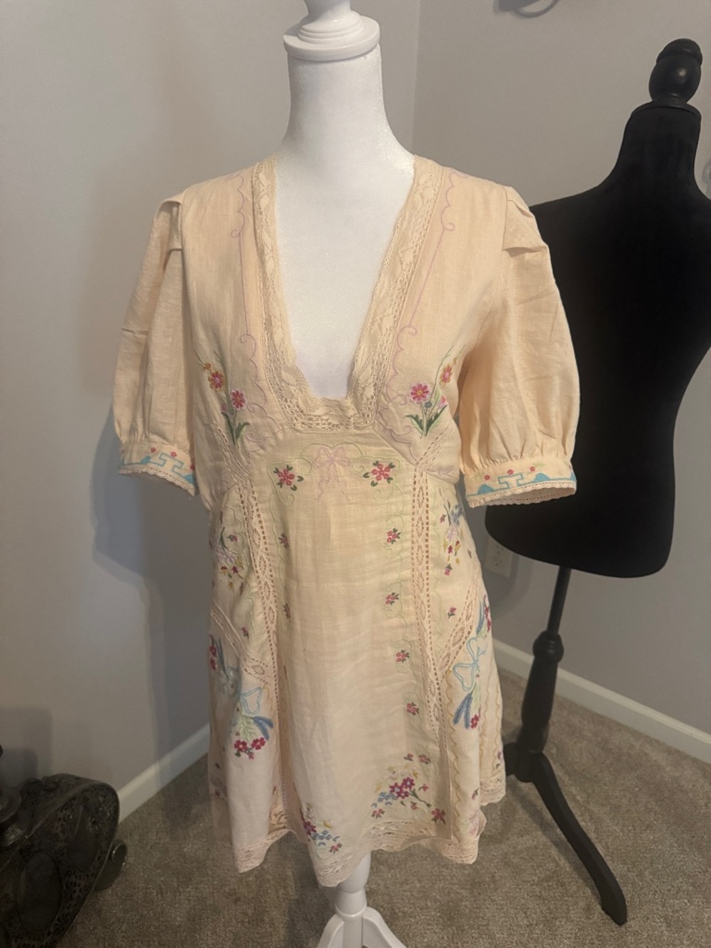 Anthropologie Pale Peach Embroidered Midi Dress